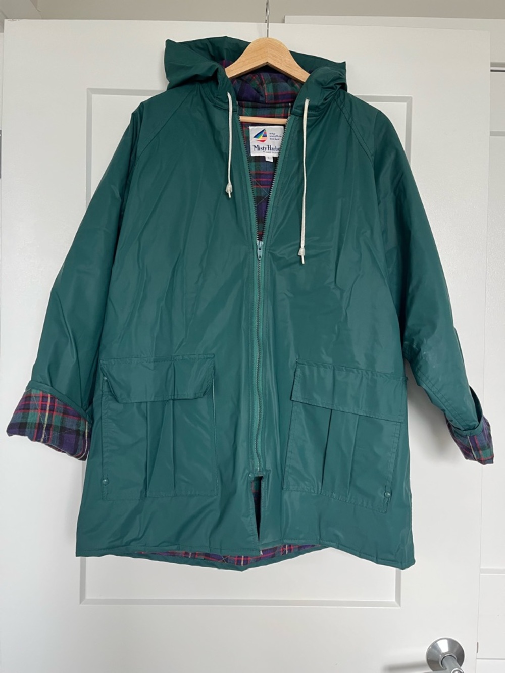 Vintage Misty Harbor Green Raincoat Slicker Plaid Lined Hooded Jacket L